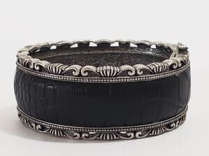 Antiqued Silver Tone Black Leather Insert Hinged Bangle Bracelet Magnetic Clasp